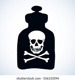 Apothecary can with dia envenom bane and mortal cross bones for beware isolated on white background. Black ink hand drawn picture in engraving style. View closeup