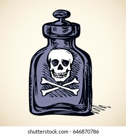Apothecary can and dia envenom bane   mortal cross bones for beware isolated white background  Freehand ink hand drawn icon sketchy in art scribble style  View closeup and space for text