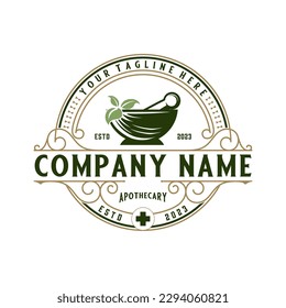 apothecary classic logo design. concept mortar and pestle  decoration in the form of an emblem, is perfect for pharmacies, medicine and herbal shops.