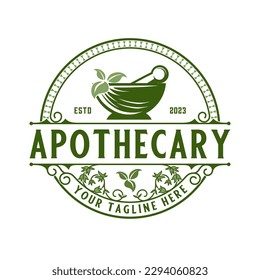 apothecary classic logo design. concept mortar and pestle  decoration in the form of an emblem, is perfect for pharmacies, medicine and herbal shops.