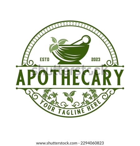apothecary classic logo design. concept mortar and pestle  decoration in the form of an emblem, is perfect for pharmacies, medicine and herbal shops.