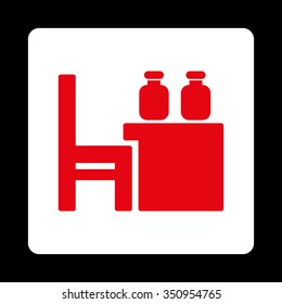 Apothecary Dataset vector icon. Style is flat rounded square button, red and white colors, black background.