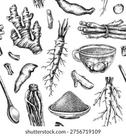 Apothecary herbs background. Medicinal roots hand drawn vector illustrations. Vinatge herbs seamless pattern. NOT AI generated.