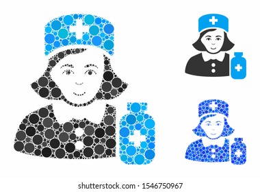 Apothecary lady mosaic of round dots in variable sizes and color tones, based on apothecary lady icon. Vector round dots are organized into blue composition.