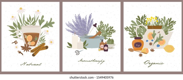 Apothecary of natural wellness poster set, organic, aromatherapy, essential oils, incense, herbal tea, candles, wildflowers and herbs.   Health and self-care concept. Vector Illustration.
