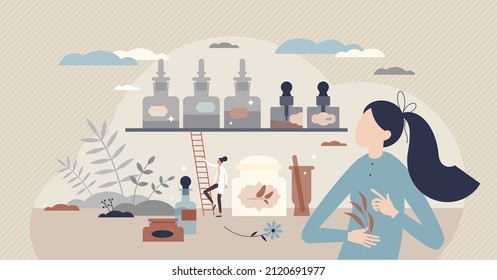 Apothecary and pharmacy with medical herb essential oils tiny person concept. Prescription and drugs preparation, herbal mixing and sale for patient health recovery and wellness vector illustration.