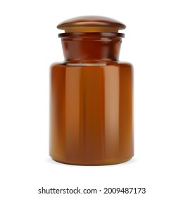 Apothecary poison bottle. Old glass stopper pharmacy jar. Brown glass antique medicine container. Aroma candle bottle vector illustration. Realistic amber pharmaceutical treatment jar
