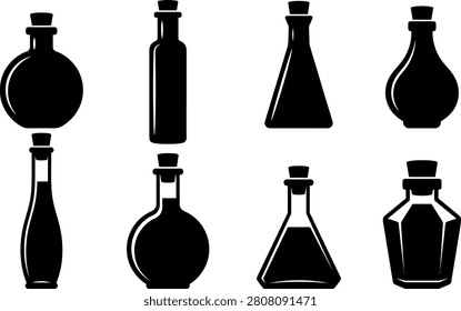 Apothecary potion bottles silhouette set vintage laboratory glassware chemistry flasks vector icons