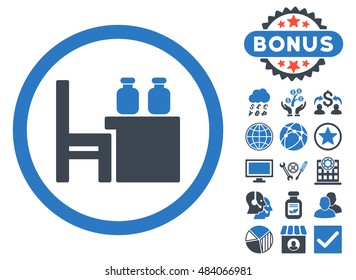 Apothecary Table icon with bonus design elements. Vector illustration style is flat iconic bicolor symbols, smooth blue colors, white background.