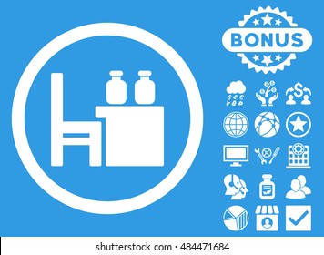 Apothecary Table icon with bonus design elements. Vector illustration style is flat iconic symbols, white color, blue background.