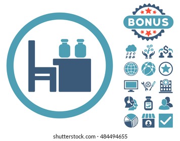 Apothecary Table icon with bonus images. Vector illustration style is flat iconic bicolor symbols, cyan and blue colors, white background.