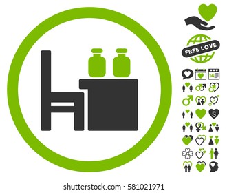 Apothecary Table icon with bonus passion icon set. Vector illustration style is flat iconic eco green and gray symbols on white background.