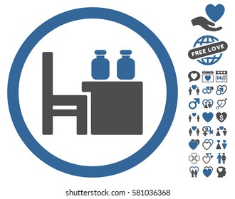 Apothecary Table icon with bonus passion symbols. Vector illustration style is flat iconic cobalt and gray symbols on white background.