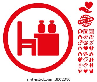Apothecary Table icon with bonus romantic pictures. Vector illustration style is flat iconic red symbols on white background.
