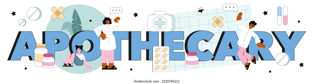 Apothecary typographic header. Pharmacist preparing and selling drugs for diseases treatment. Healthcare and medical treatment consultation. Flat vector illustration