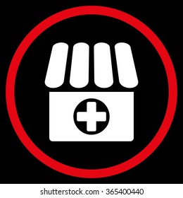 Apothecary vector icon. Style is bicolor flat circled symbol, red and white colors, rounded angles, black background.