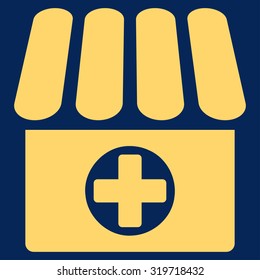 Apothecary vector icon. Style is flat symbol, yellow color, rounded angles, blue background.