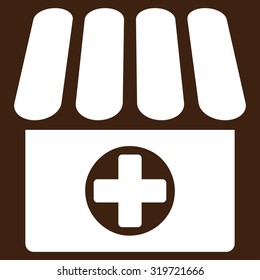 Apothecary vector icon. Style is flat symbol, white color, rounded angles, brown background.