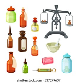 Apothecary vector set. Vintage medicine bottles, pharmaceutical scales, soap, bowls, oils and shampoos isolated on white. Essential oils and cosmetic products. Glass vials and flasks. Vector