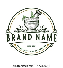 Apothecary vintage logo with a mortar and pestle theme in an emblem frame. for traditional medicine, therapy, prescription and drugstores.