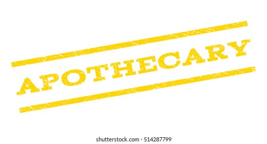 Apothecary watermark stamp. Text tag between parallel lines with grunge design style. Rubber seal stamp with unclean texture. Vector yellow color ink imprint on a white background.