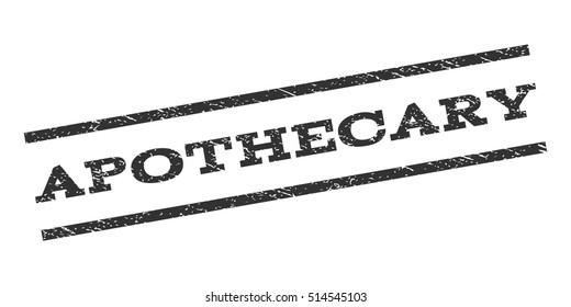 Apothecary watermark stamp. Text tag between parallel lines with grunge design style. Rubber seal stamp with dirty texture. Vector gray color ink imprint on a white background.