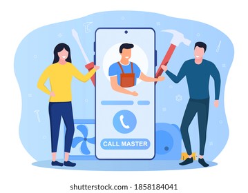 App allowing to make an appointment with repareman. Air conditioner repair and installation. Concept of online service for master appointment. Online master call. Flat cartoon vector illustration