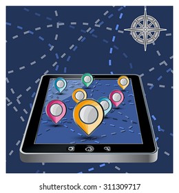 App - Application Navigation road map background in modern flat screen gadget
 Route and location concept