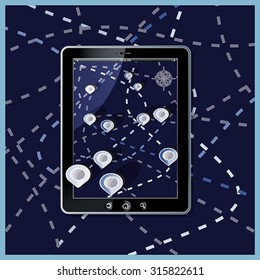 App - Application Navigation road map background in modern flat screen gadget
 Route and location concept