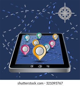 App - Application Navigation road map background in modern flat screen gadget
 Route and location concept