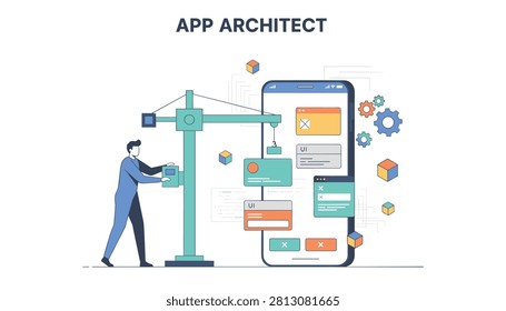 App architect using a construction crane to build user interface elements on a giant smartphone screen illustration.