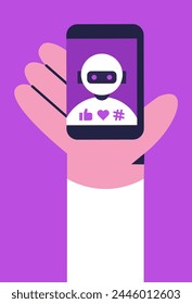 App with Artificial intelligence in social networks, marketing tools based on artificial intelligence, intelligent interface. Flat vector illustration.