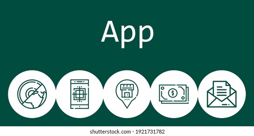 app background concept with app icons. Icons related smartphone, earth, placeholder, message, cash