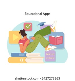 App-basiertes Lernen. Die Studierenden beschäftigen sich mit interaktiven Bildungs-Apps und kombinieren traditionelle Bücher mit modernen digitalen Lernwerkzeugen. Technologien zur Unterstützung der Bildung. Flache Vektordarstellung