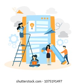 App building illustration. People creating app on smartphone.