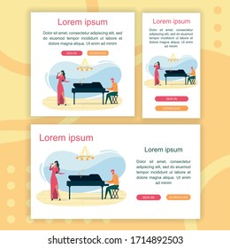 App with Button, Girl Sing Accompanied by Piano. Electronic Page, Man Playing Grand Piano Sitting on Special Stool. Girl Singing into Microphone for Enhanced Sound. Well Prepared Performance.