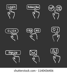 App buttons chalk icons set. Click. Login, subscribe, accept and decline, yes or no, likes counter, sign up, message, new follower. Isolated vector chalkboard illustrations