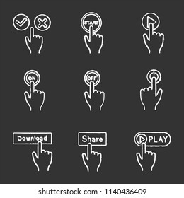 App buttons chalk icons set. Click. Accept and decline, start, play, turn on and off, power, download, share, launch. Isolated vector chalkboard illustrations