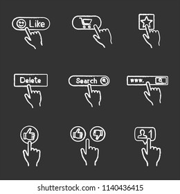 App buttons chalk icons set. Click. Like, buy, add to favorite, delete, search bar, thumbs up and down, new follower. Isolated vector chalkboard illustrations