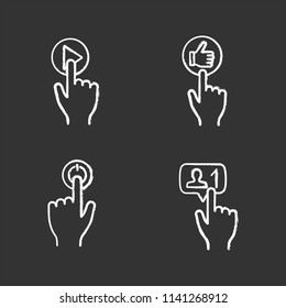 App buttons chalk icons set. Click. Play, like, power, new follower notification. Isolated vector chalkboard illustrations