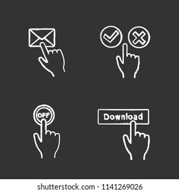 App buttons chalk icons set. Click. Message, accept and decline, turn off, download. Isolated vector chalkboard illustrations