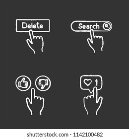 App buttons chalk icons set. Click. Delete, search, like and dislike, likes counter. Isolated vector chalkboard illustrations