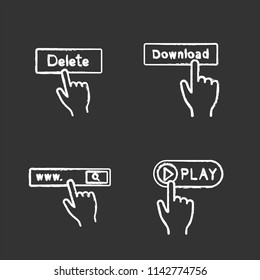 App buttons chalk icons set. Click. Delete, download, search bar, play. Isolated vector chalkboard illustrations
