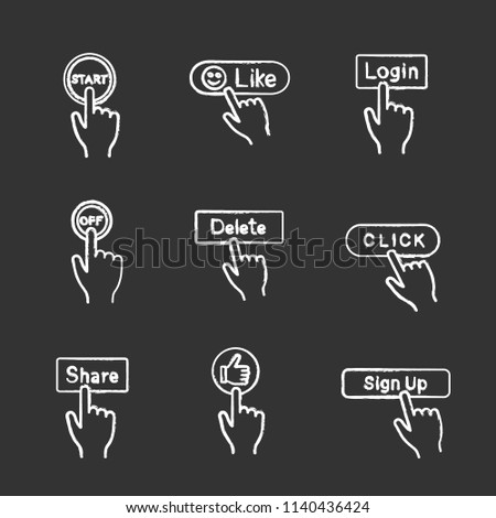 App buttons chalk icons set. Click. Start, like, login, turn off, delete, share, thumb up, sign up. Isolated vector chalkboard illustrations