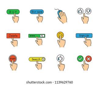 App buttons color icons set. Click. Social media interface. Webpage navigation. Isolated vector illustrations