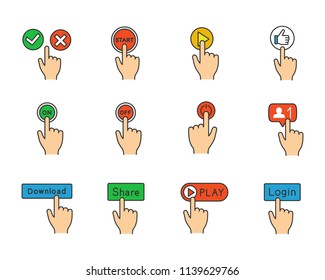 App buttons color icons set. Click. Social media interface. Webpage navigation. Isolated vector illustrations