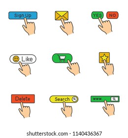 App buttons color icons set. Click. Sign up, message, yes or no, like, buy, add to favorite, delete, search bar. Isolated vector illustrations