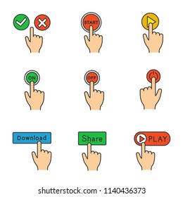 App buttons color icons set. Accept and decline, start, play, turn on and off, power, download, share, launch. Click. Isolated vector illustrations