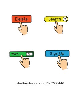 App buttons color icons set. Click. Apps buttons. Search bar, delete, sign up. Isolated vector illustrations