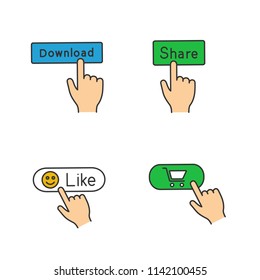 App buttons color icons set. Click. Download, share, like, buy. Isolated vector illustrations